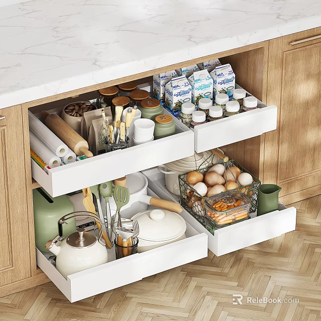 Organized Kitchen Drawer With Tableware Set Jars Eggs Milk Cartons And Divided Compartments 3d model