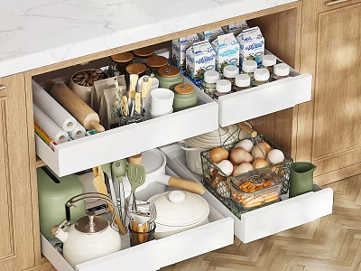 Organized Kitchen Drawer With Tableware Set Jars Eggs Milk Cartons And Divided Compartments 3d model