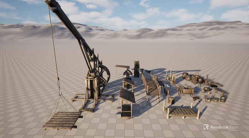 Desert Landscape Featuring Large Wooden Crane Scattered Wooden Structures and Tools on Grid Patterned Ground 3d model 