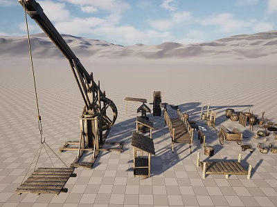 Desert Landscape Featuring Large Wooden Crane Scattered Wooden Structures and Tools on Grid Patterned Ground 3d model