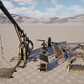 Desert Landscape Featuring Large Wooden Crane Scattered Wooden Structures and Tools on Grid Patterned Ground