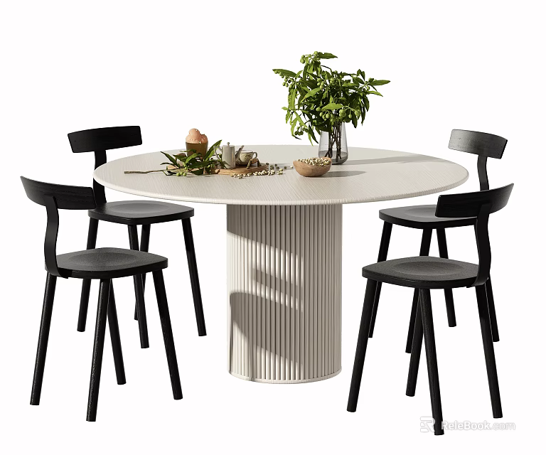 Round White Dining Table Set With Four Black Chairs Green Plant And Decorative Items 3d model