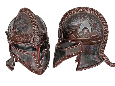 Ancient Decorative Helmets With Intricate Carvings And Metallic Design Details 3d model