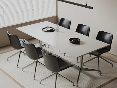 Modern Office Desk With White Tabletop Black Chairs Metal Frame And Bowl Interior 3d model