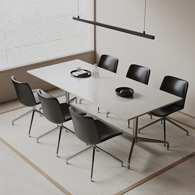 Modern Office Desk With White Tabletop Black Chairs Metal Frame And Bowl Interior 3d model