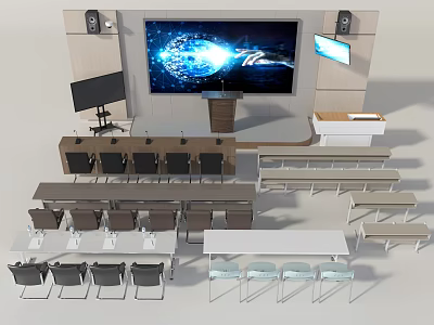 Modern Meeting Room Interior With Large Display Screen Podium Speakers And Seating Setup 3d model