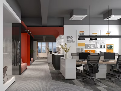 Modern Public Office Space With Open Layout Desks Ergonomic Chairs And Decorative Slogans 3d model