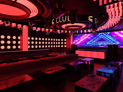 Modern Vibrant Club Interior With Neon Lights Large Screen And Seating Area 3d model