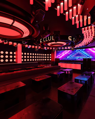 Modern Vibrant Club Interior With Neon Lights Large Screen And Seating Area 3d model