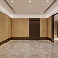 Elegant Hotel Corridor With Textured Wall Panels Ceiling Lights And Patterned Carpet 3d model