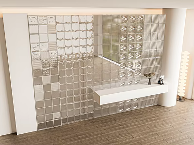 Modern Transparent Glass Block Partition With White Shelf And Decor Items In Living Room 3d model