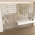 Modern Transparent Glass Block Partition With White Shelf And Decor Items In Living Room