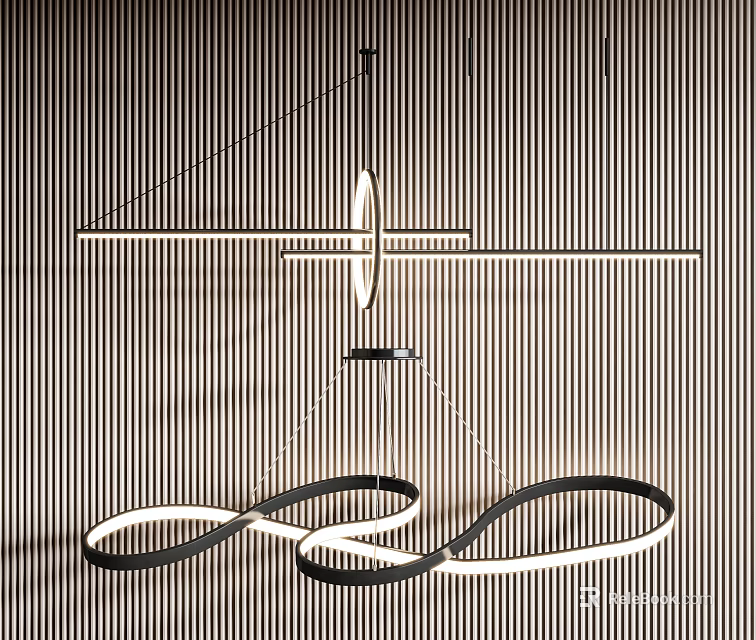 Modern Geometric Black and White Chandelier With Curved Lines And Circular Rings For Interior Decor 3d model 