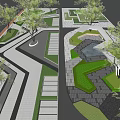 Modern Park Landscape With Trees Paved Paths Green Lawns And Geometric Designs