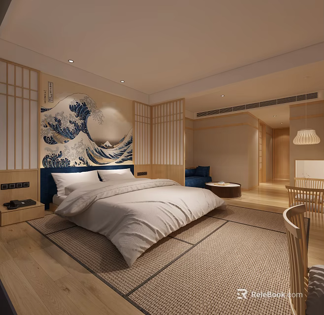 Japanese Style Hotel Guest Room With Great Wave Mural Wooden Lattice And White Bedding 3d model 