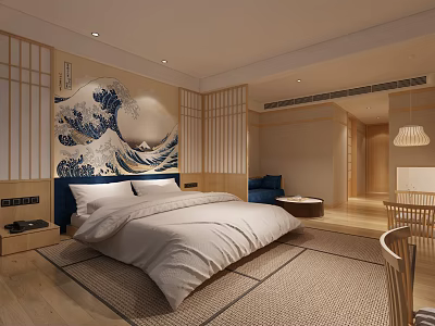 Japanese Style Hotel Guest Room With Great Wave Mural Wooden Lattice And White Bedding 3d model