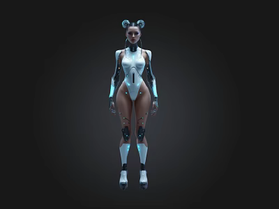 Futuristic Female Robot In White And Blue Mechanical Suit With Glowing Accents 3d model