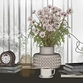 Decorative Ornament Set with Vase Dried Flowers Clock Rose Decor and Metal Heart on Tabletop