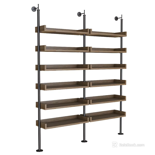 Modern Wooden Shelving Unit With Black Metal Frame And Multiple Open Storage Tiers 3d model 