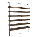 Modern Wooden Shelving Unit With Black Metal Frame And Multiple Open Storage Tiers
