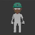 Pixel Art Style Doll With Green Helmet And White Outfit On Dark Background