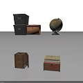 Household Storage Items Including Stacked Black Brown Wooden Boxes And Globe