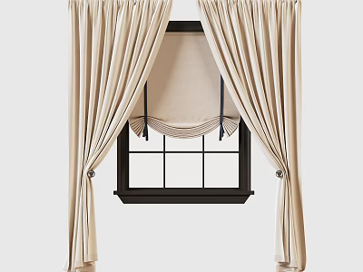Modern Beige Window Curtains With Draped Design And Roman Shade On Black Grid Pane Window 3d model