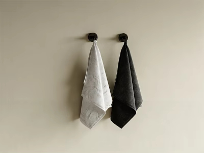 Bathroom Accessories White And Black Towels Hanging On Wall Hooks 3d model