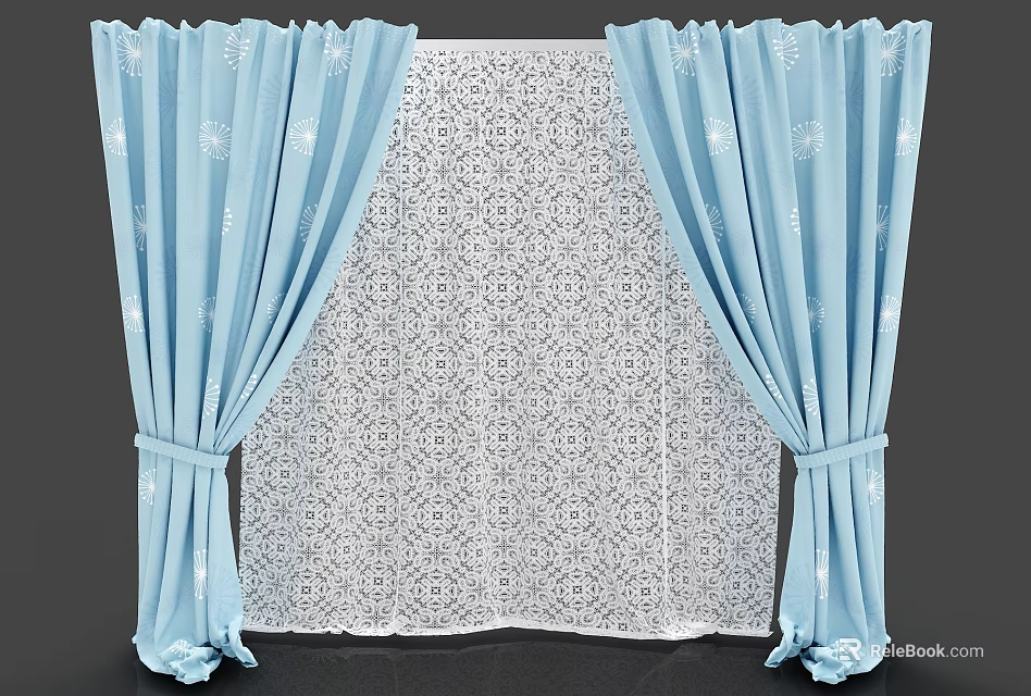 Light Blue Patterned Curtains With White Lace Layer And Tied Back Design 3d model