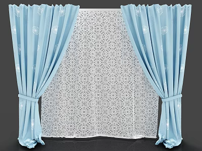 Light Blue Patterned Curtains With White Lace Layer And Tied Back Design 3d model