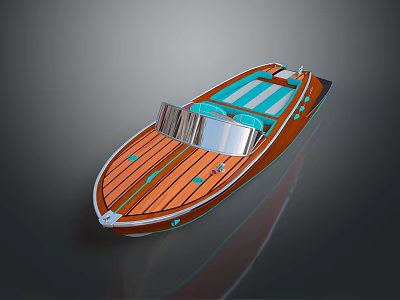 Modern Wooden Speedboat with Orange Brown Planks Blue Seats and Metal Accents 3d model