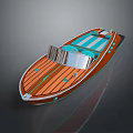 Modern Wooden Speedboat with Orange Brown Planks Blue Seats and Metal Accents