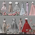 Elegant Formal Dresses In Various Styles With Balloons And Flower Bouquets On Mannequins