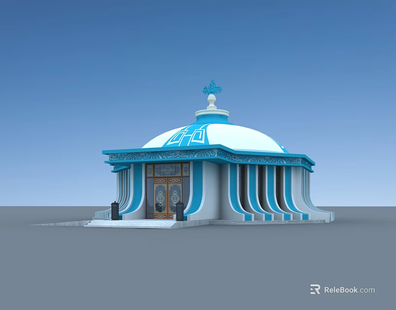 Blue and White Dome Building With Cross Decorative Door And Columns 3d model