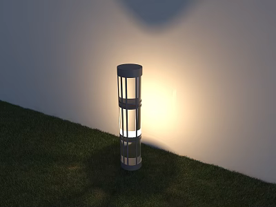 Modern Cylindrical Outdoor Light With Layered Structure Standing On Grass Glowing Brightly 3d model