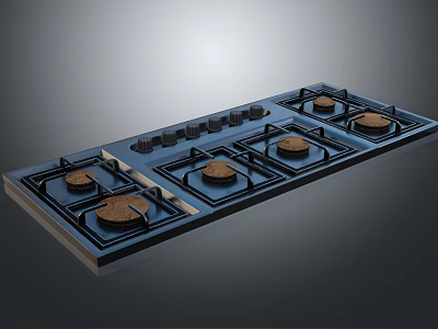 Modern Gas Stove Kitchen Appliance with Multiple Burners and Control Knobs 3d model