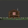 Rustic Log Cabin With Rusty Metal Roof Chimney Door Axe Orange Bucket Grass Stone Fence