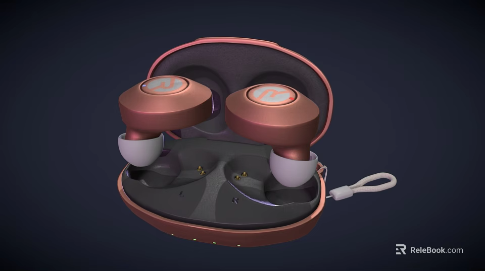 Rose Gold Wireless Earbuds in Charging Case with White Ear Tips and Lanyard 3d model 