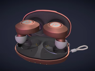 Rose Gold Wireless Earbuds in Charging Case with White Ear Tips and Lanyard 3d model