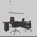 Modern Wooden Office Desk Setup With Three Chairs Laptop And Hanging Lamp