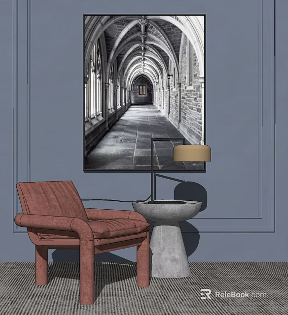 Brown Leather Accent Chair With Side Lamp On Blue Wall And Black White Architectural Painting 3d model 