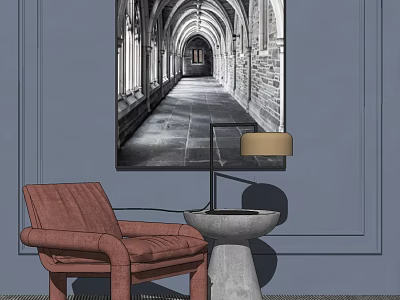 Brown Leather Accent Chair With Side Lamp On Blue Wall And Black White Architectural Painting 3d model