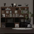 Sleek Wooden Bookcase With Multiple Shelves Books Photo Frames Decorative Items Chair Plant And Rug