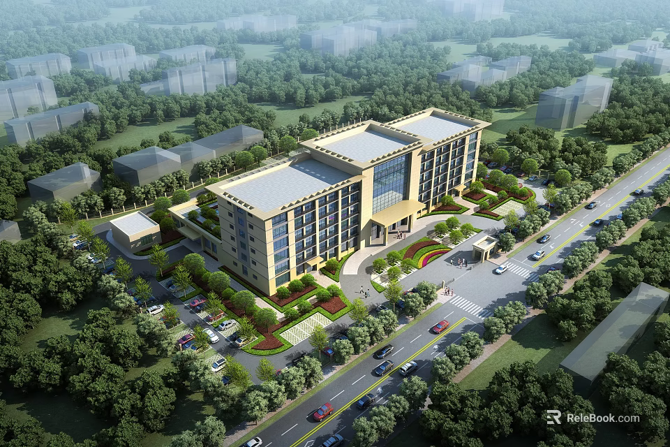 Modern Multi Story Office Building Surrounded By Green Trees Parking Lot And Road 3d model 
