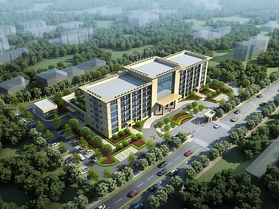 Modern Multi Story Office Building Surrounded By Green Trees Parking Lot And Road 3d model