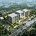 Modern Multi Story Office Building Surrounded By Green Trees Parking Lot And Road