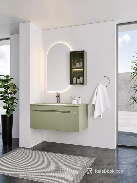 Light Green Modern Bathroom Vanity Cabinet with Round Mirror Wall Mounted Shelf and White Towel 3d model 