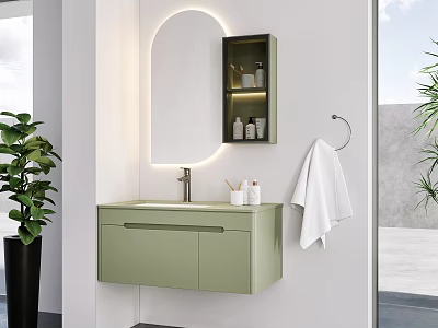 Light Green Modern Bathroom Vanity Cabinet with Round Mirror Wall Mounted Shelf and White Towel 3d model
