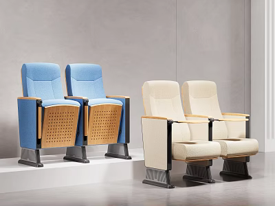 Blue And Beige Auditorium Armchairs With Wooden Armrests And Ventilated Design 3d model