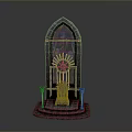Medieval Iron Throne Display With Arched Doorway Stone Steps And Metal Decor